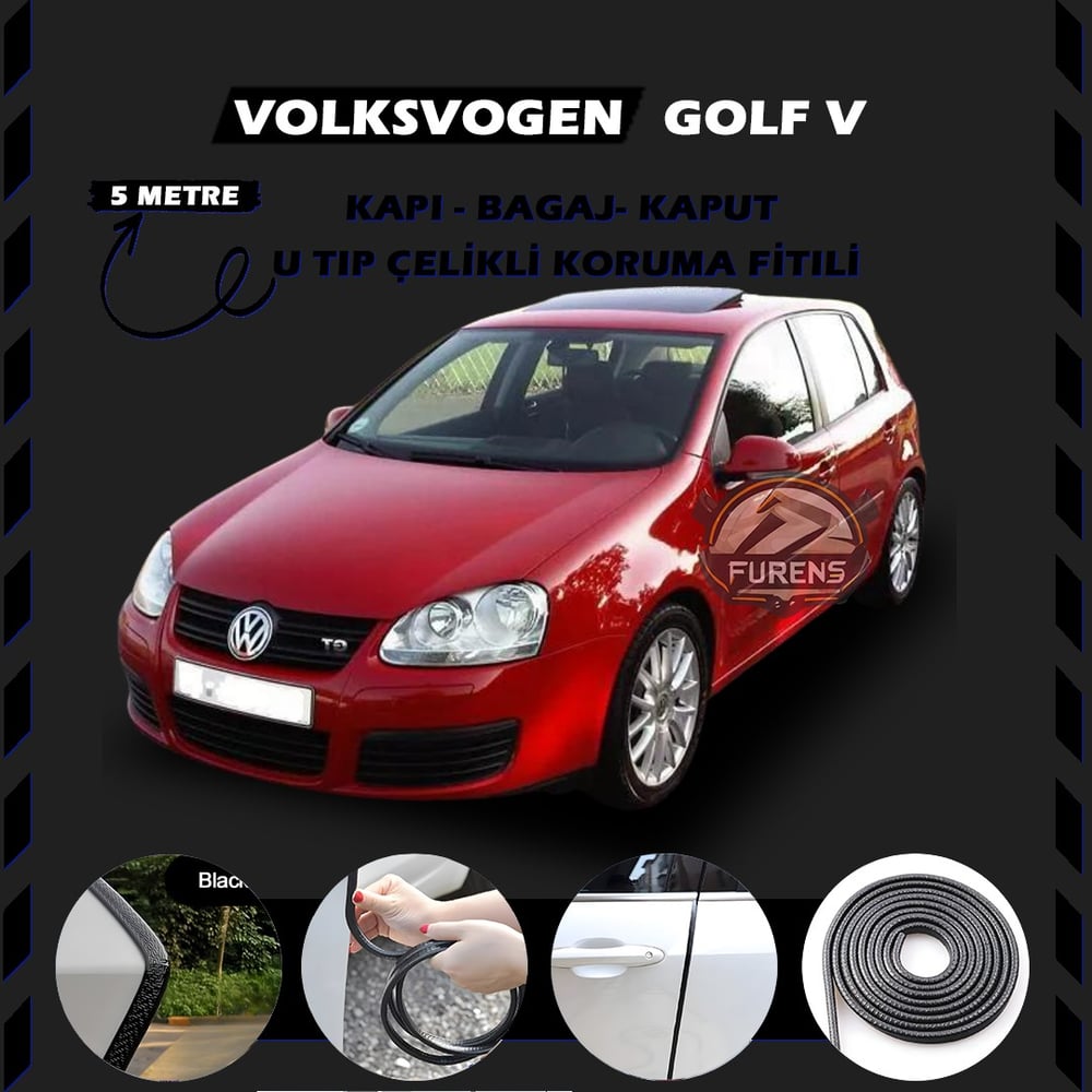Volksvogen Golf 5 Oto Araç Kapı Koruma Fitili 5metre Parlak Siyah Renk