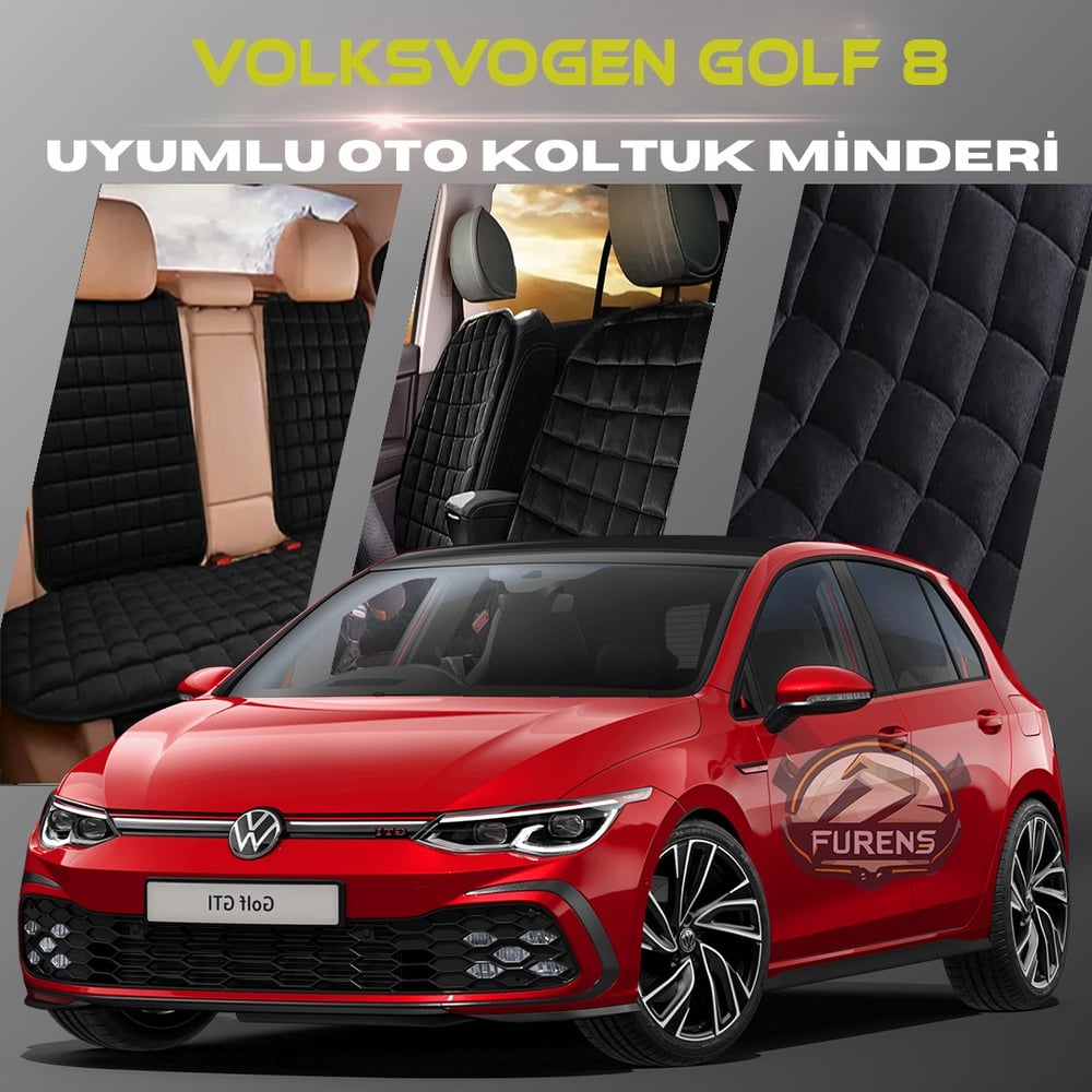 Volksvogen Golf 8 Siyah Renk Tay Tüyü Cepli & Terletmez Sırtlı Oto Koltuk Minder Seti - Koltuk Koruma Kılıfı (ÖN & ARKA TAM SET)