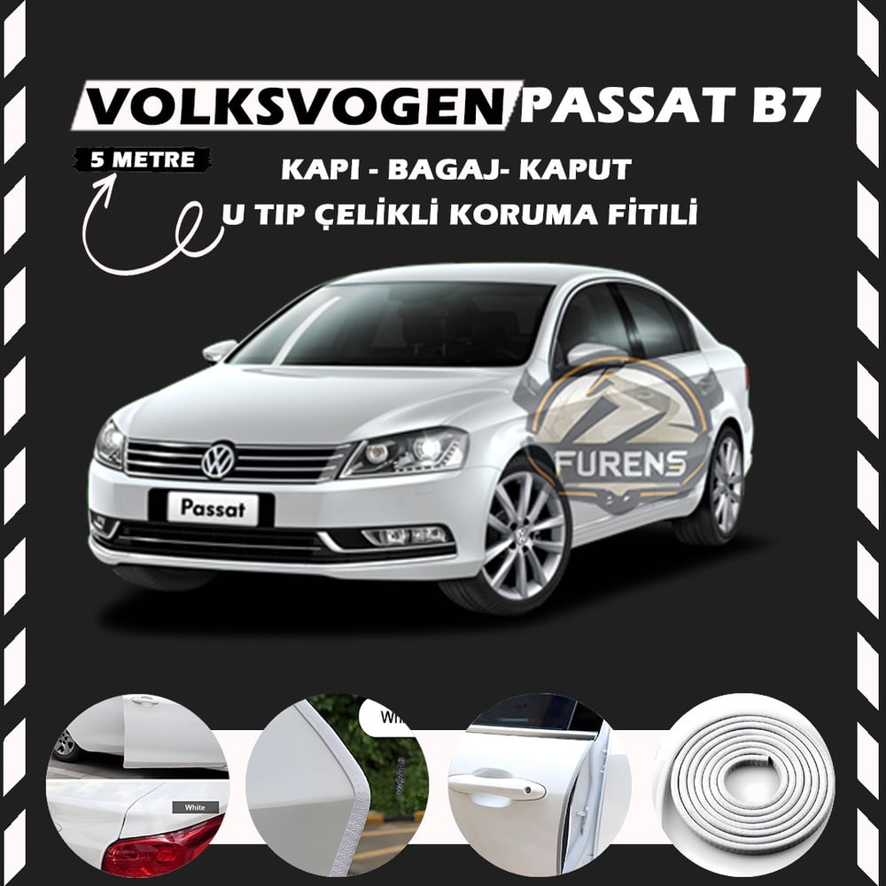 Volksvogen Passat B7 Oto Araç Kapı Koruma Fitili 5metre Parlak Beyaz Renk