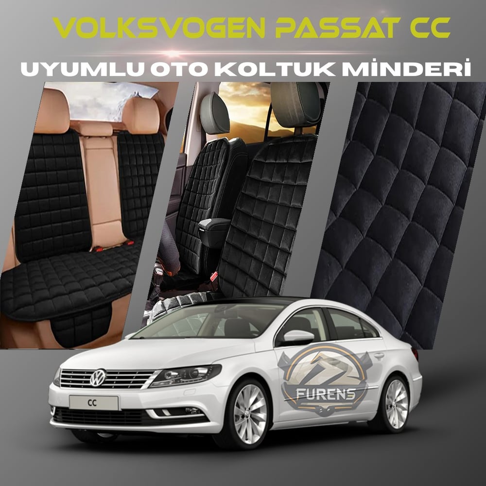 Volksvogen Passat cc Siyah Renk Tay Tüyü Cepli & Terletmez Sırtlı Oto Koltuk Minder Seti - Koltuk Koruma Kılıfı (ÖN & ARKA TAM SET)