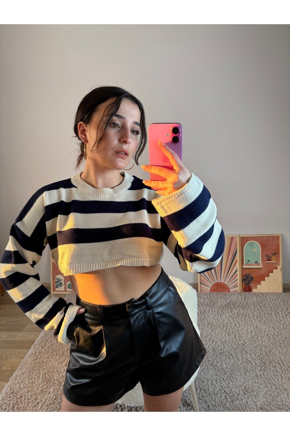 Lacivert-Çizgili Crop Kazak