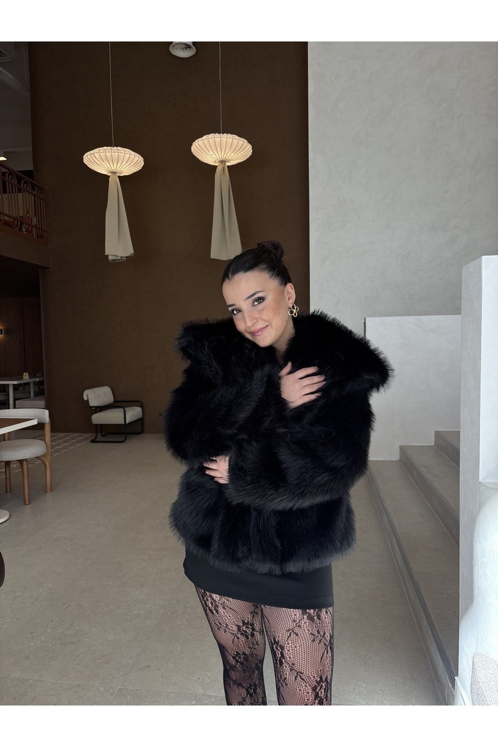 Siyah Kruvaze Premium Kürklü Kaban