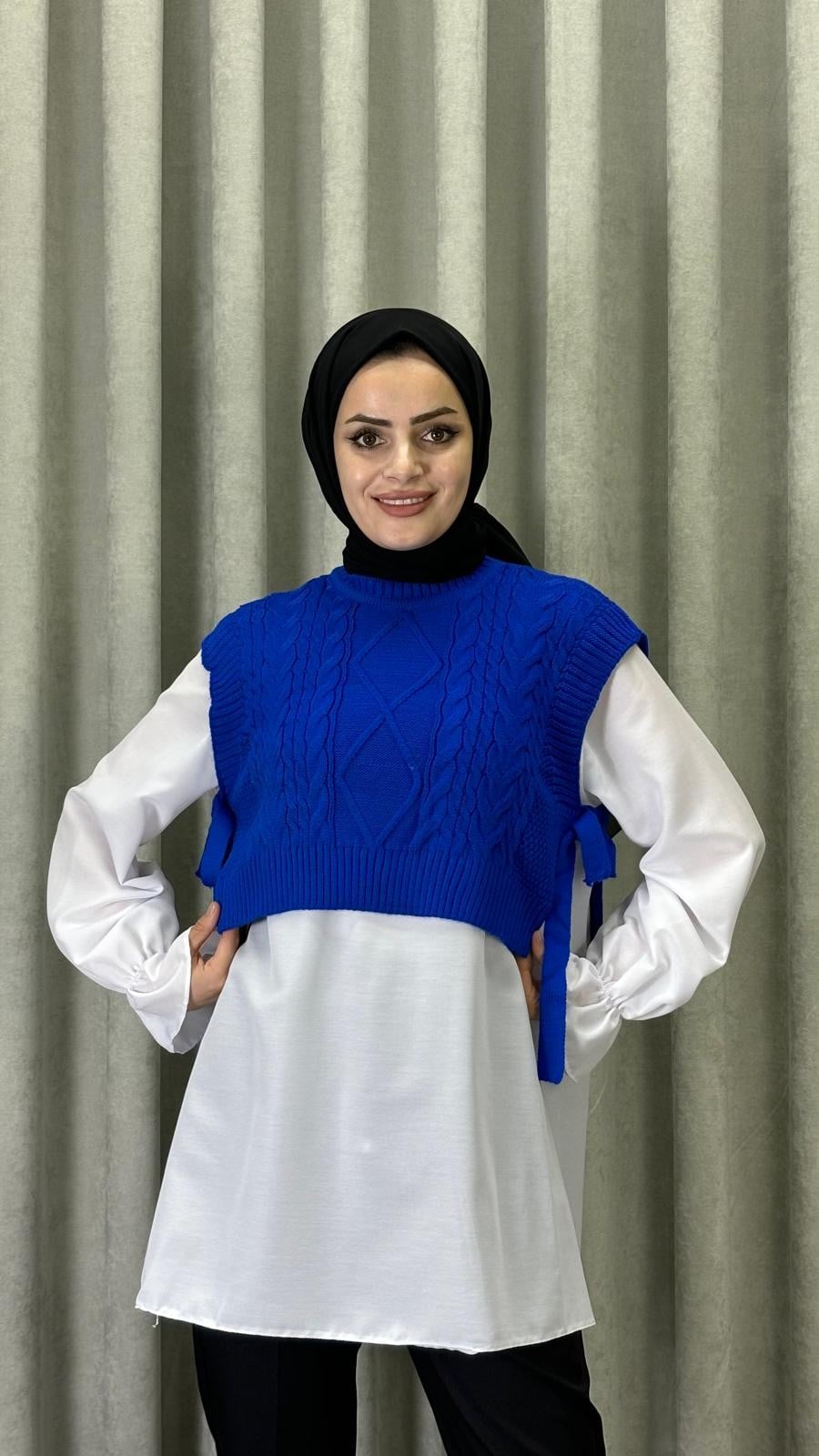 Yandan Bağlamalı Örgü Süveter- Saks mavi