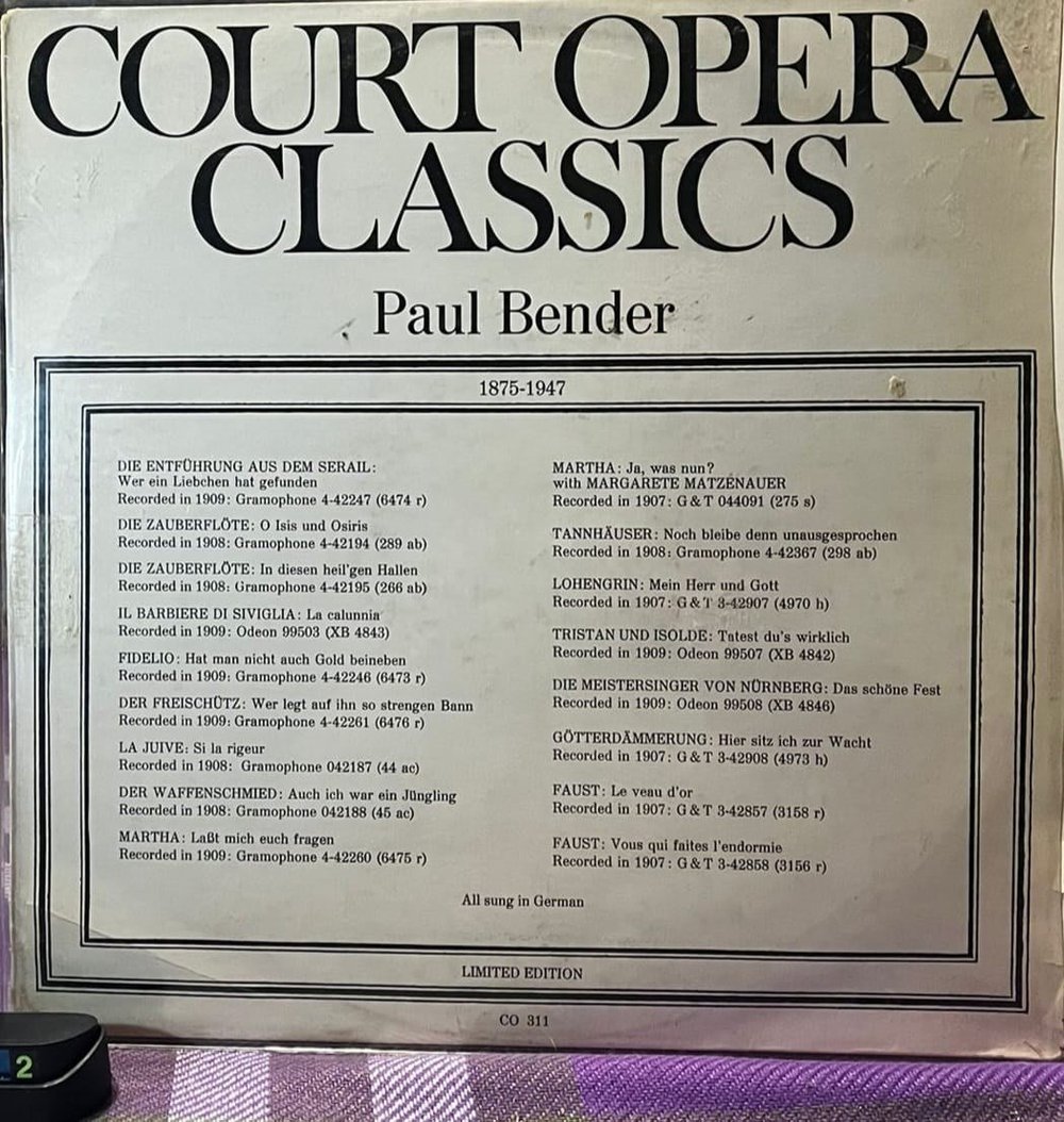 Paul Bender - Court Opera Classics (Preiser Records - CO 311) Limited Edition Vinyl