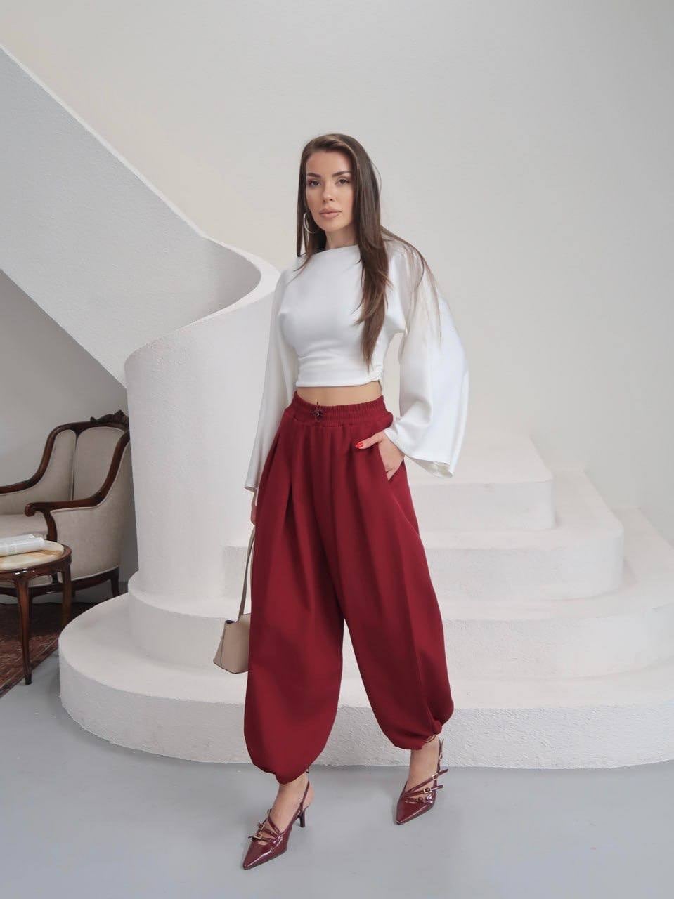 Bordo Beli Ve Paçası Lastikli Krep Şalvar Pantolon