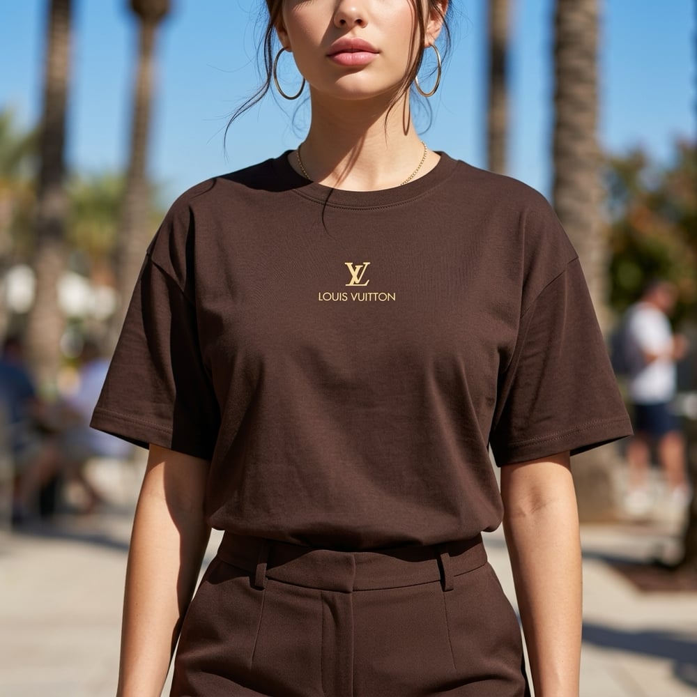 LV Marka Göğüs  Yazı ve Logo Detaylı Oversize T-Shirt - ACI KAHVE