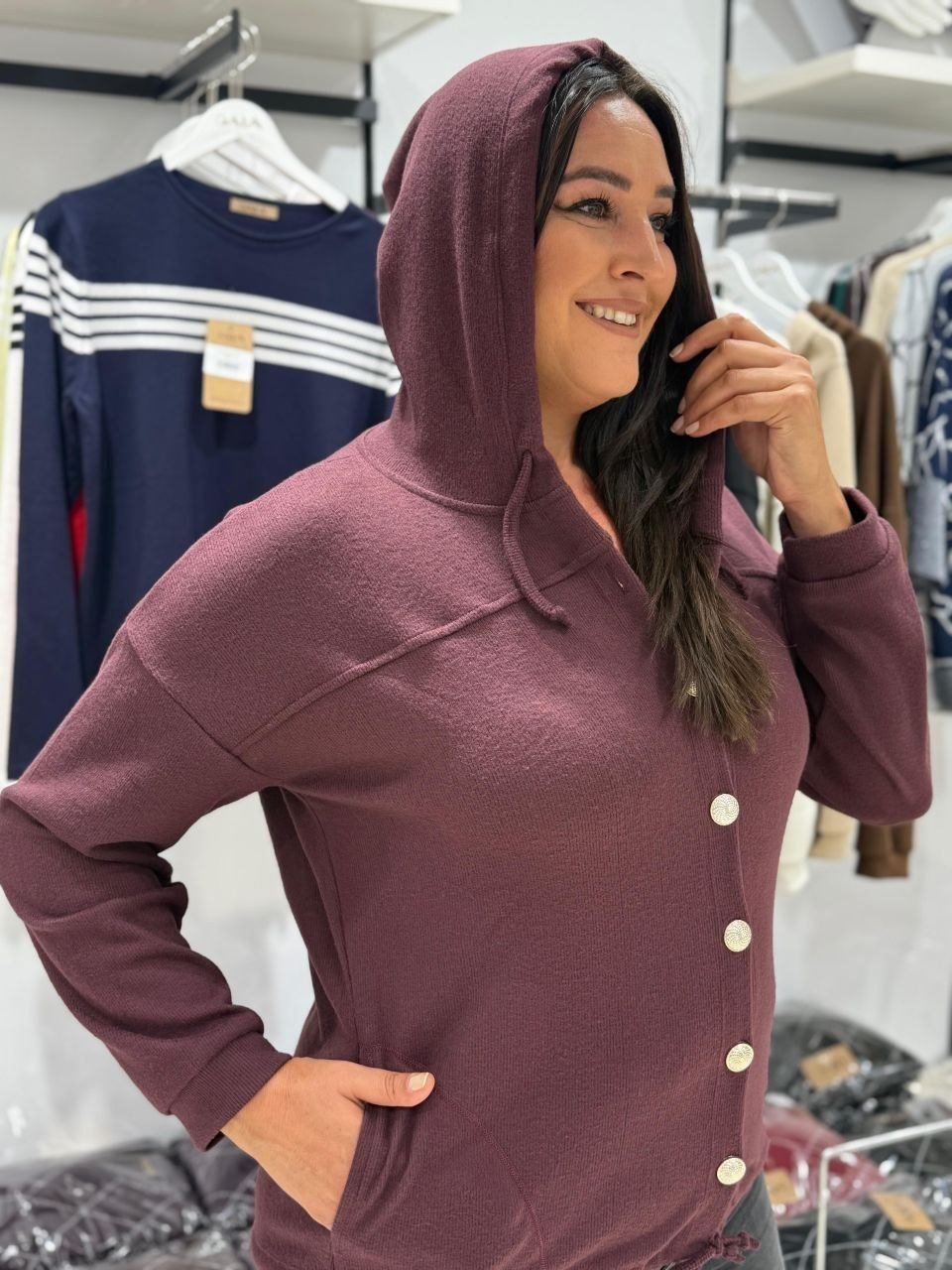 Mürdüm Kapüşonlu Ceket Hırka 