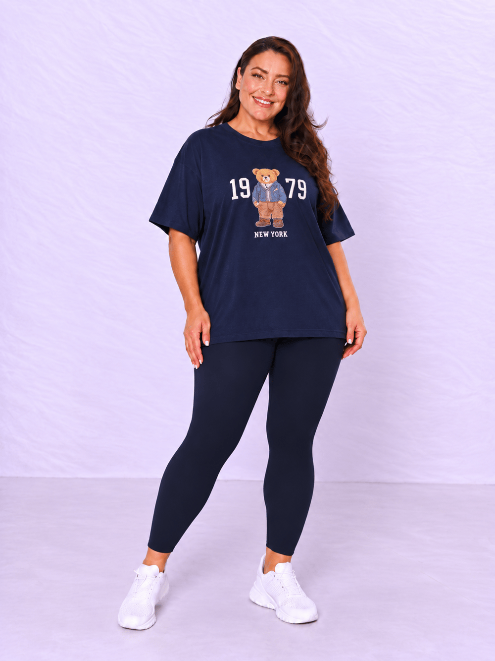 Oversize Basic T-Shirt Ayıcık Nakışlı  - LACİVERT