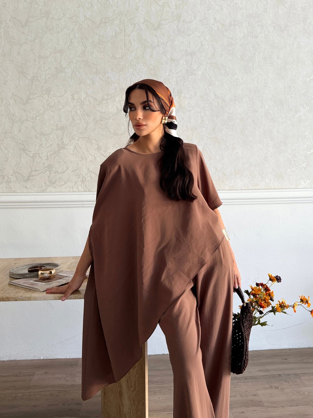 26KT0685A-B ŞAL BLUZ & ARKASI LASTİKLİ PANTOLON TAKIM