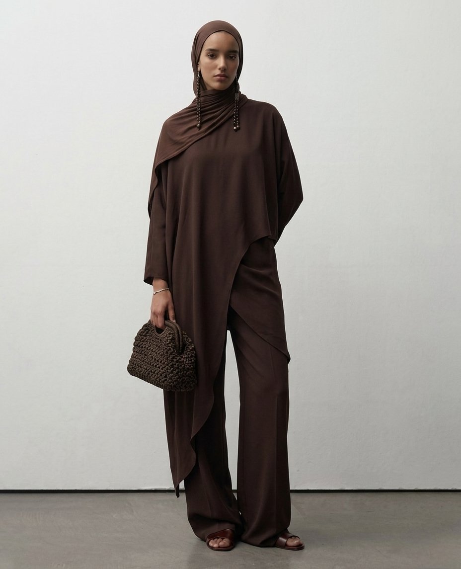 3 Parça Tasarım Abaya | Kahverengi