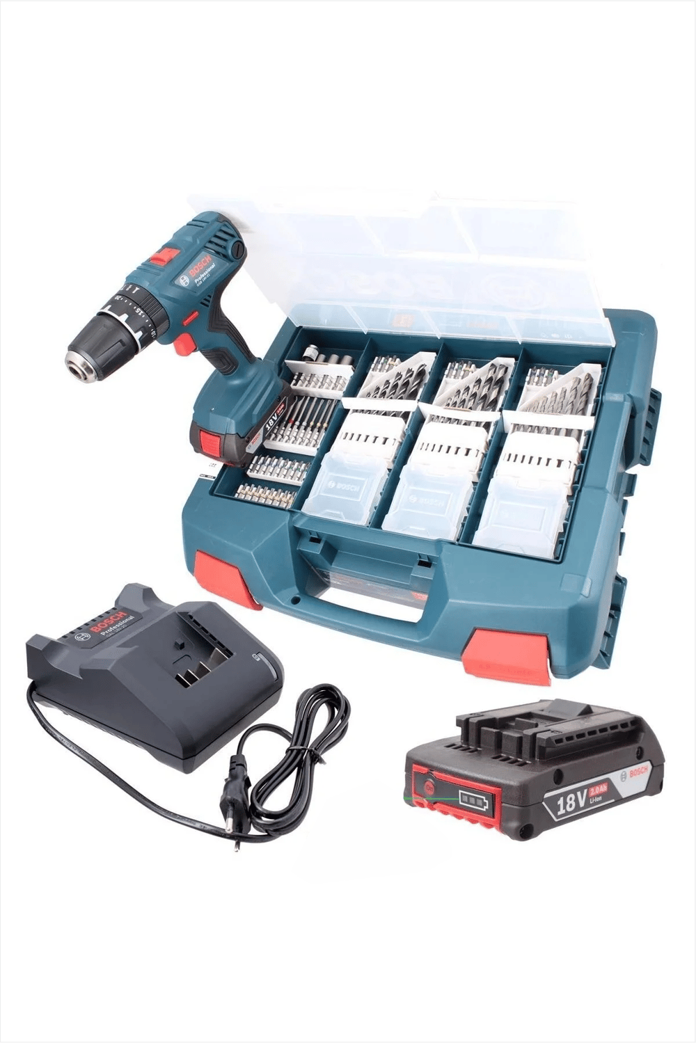 Bosch GSB 18V-45 Çift Akülü 2 Ah Darbeli Vidalama Makinesi + 63 Parça Aksesuar Seti