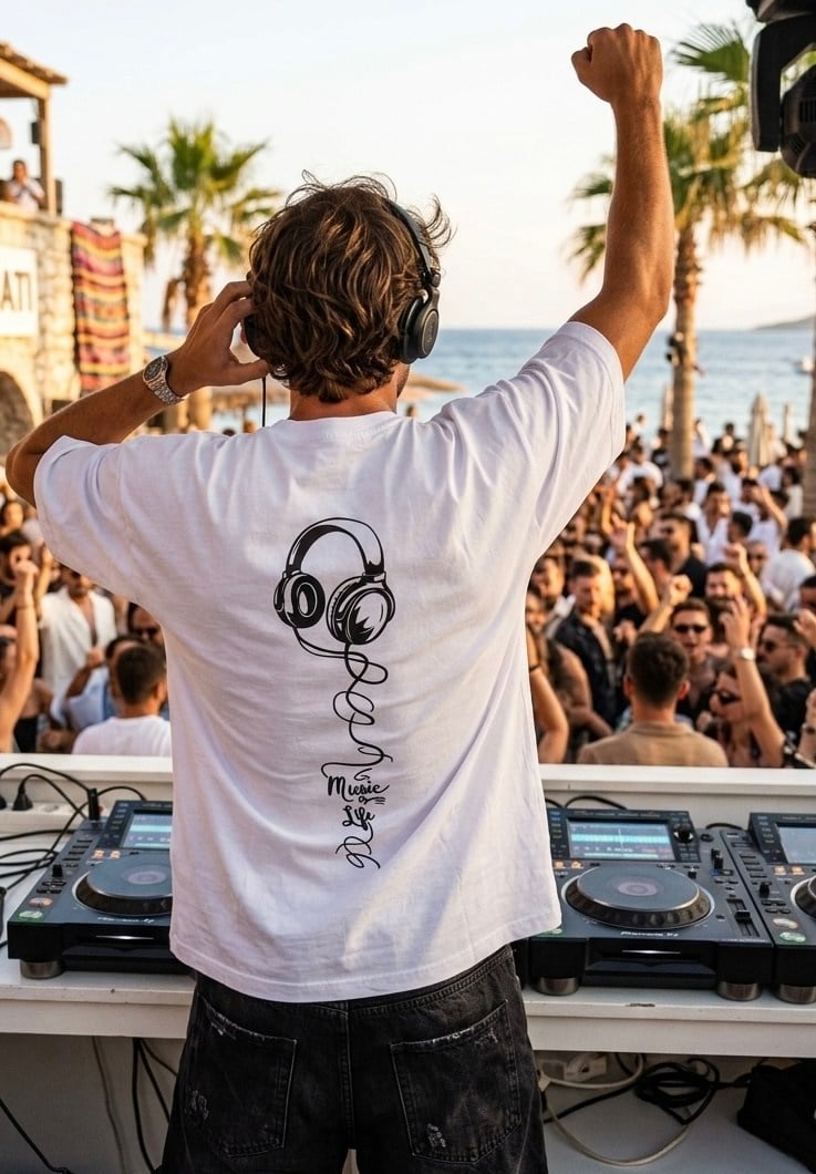 Music Life Baskılı Oversize Tişört