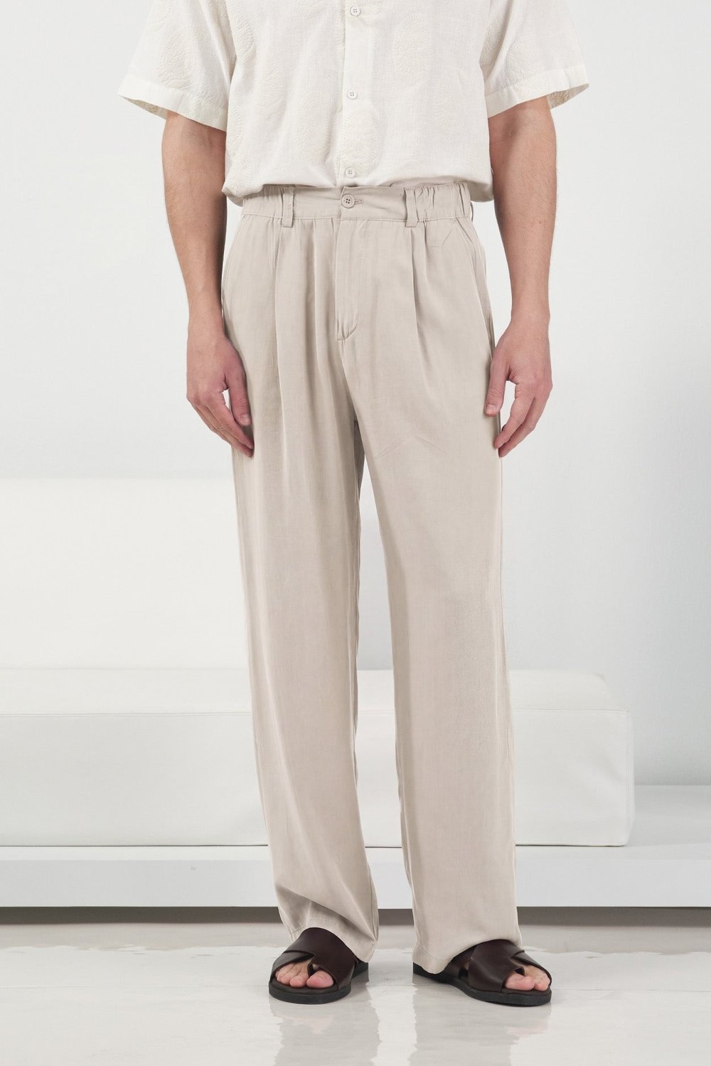 Tensel Pileli Rahat Kesim Pantolon Beige
