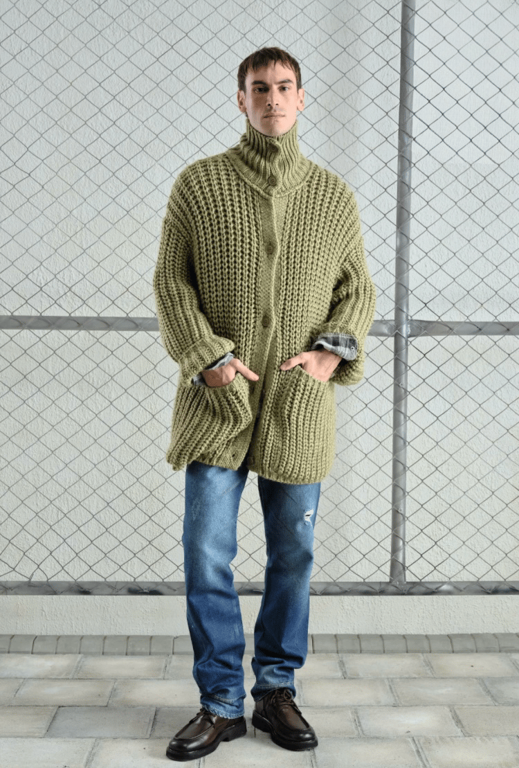 Chunky Knit Oversize Yeşil El Örgü Hırka