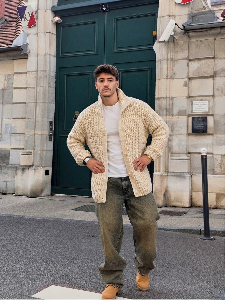 Chunky Knit Oversize Ecru El Örgü Hırka