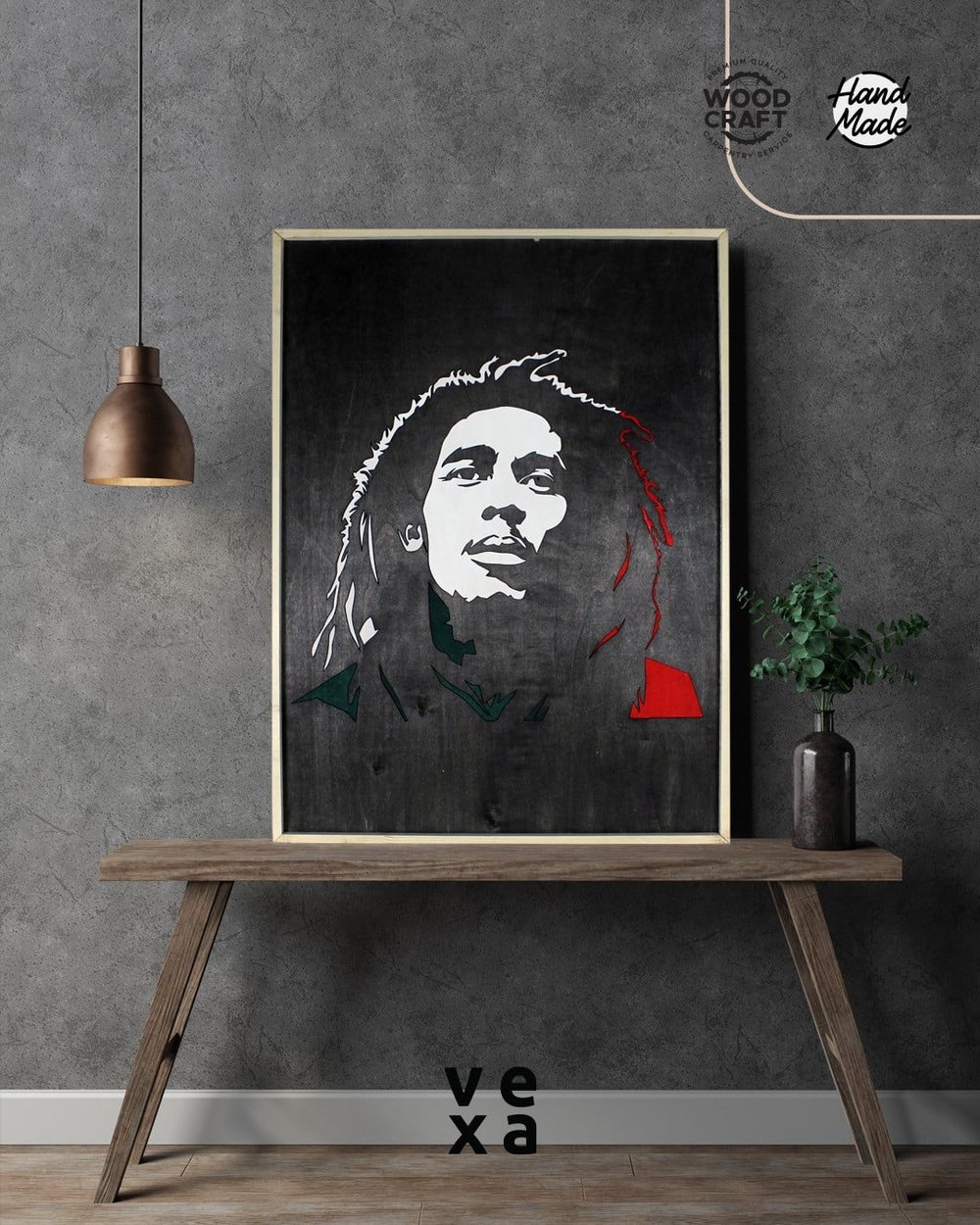 Bob Marley Ahşap Tablo – El İşçiliği %100, Siyah Beyaz Kırmızı Dekoratif Çerçeveli