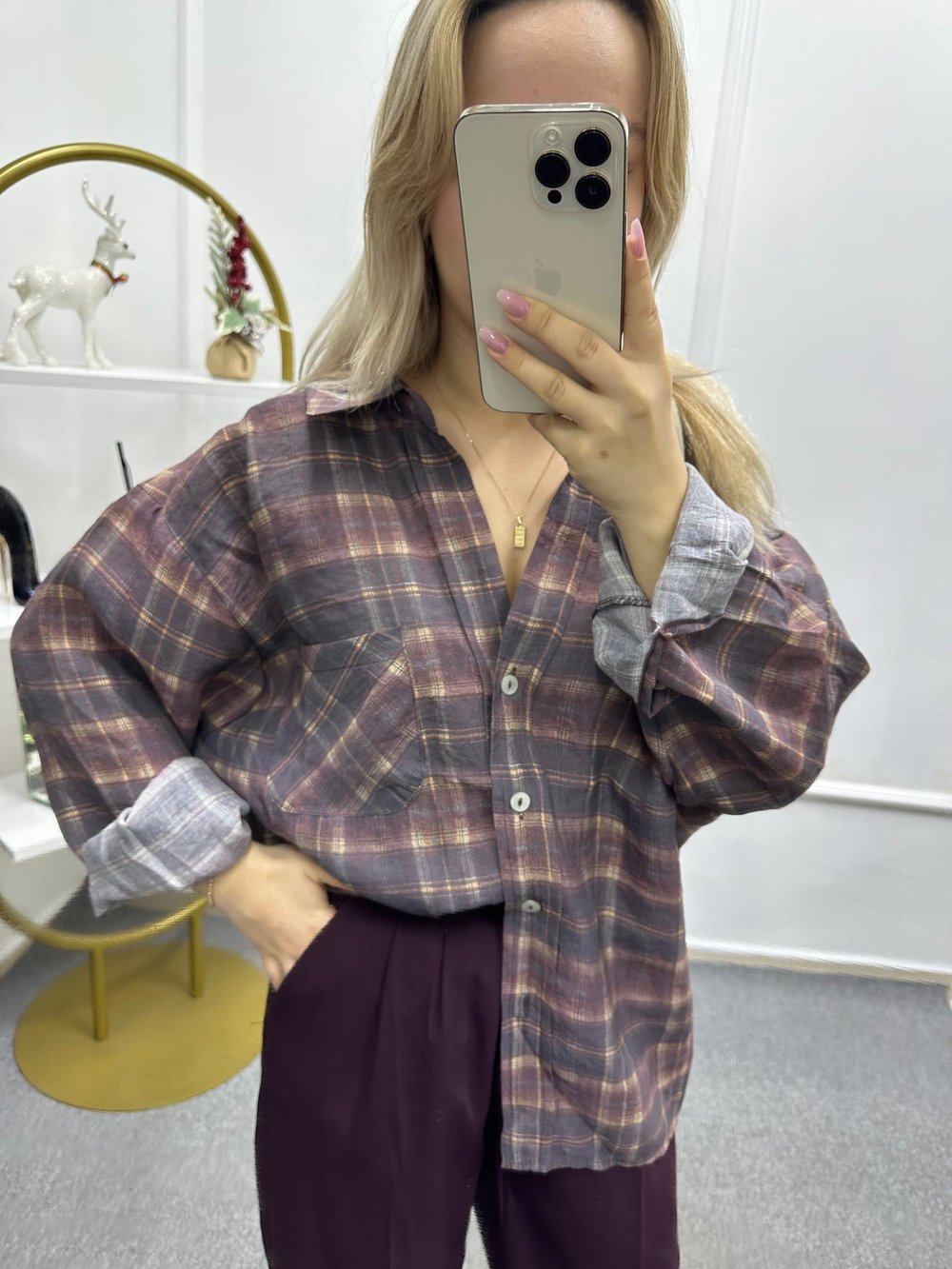 Mürdüm Kareli Standart Beden Oversize Gömlek 