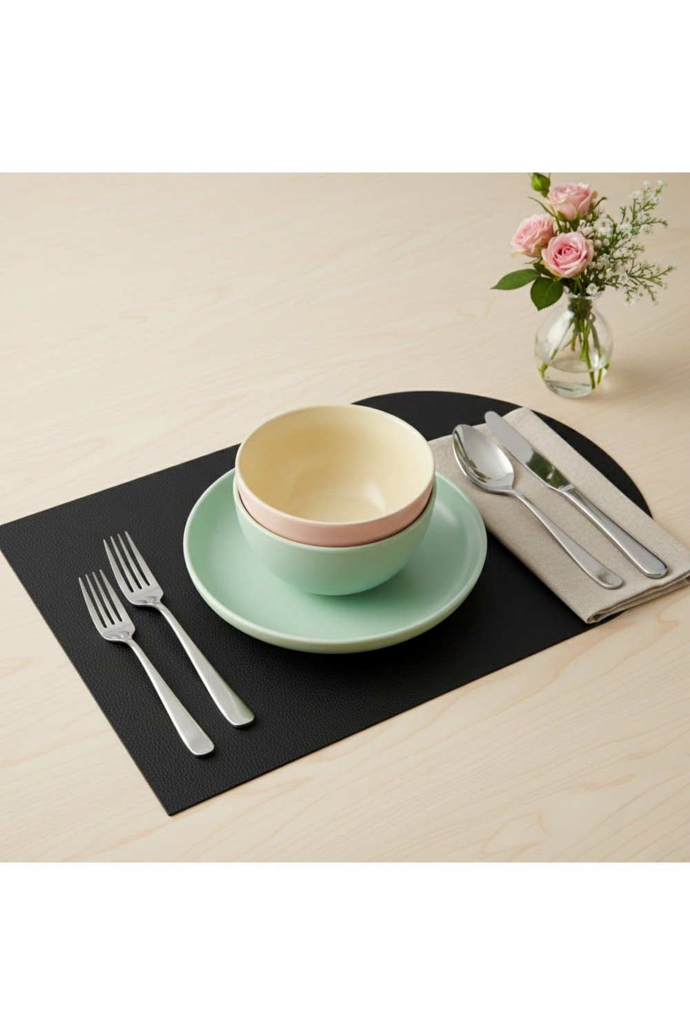 2 Adet Siyah Deri Yarım Oval Amerikan Servis Supla 30x44 cm-Kolay Silinebilir Supla
