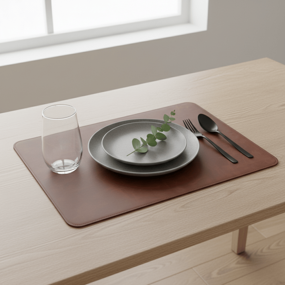 Premium Çift Yüz Kenar Dikişli Deri Amerikan Servis – Kahverengi 33×44 cm Dikdörtgen