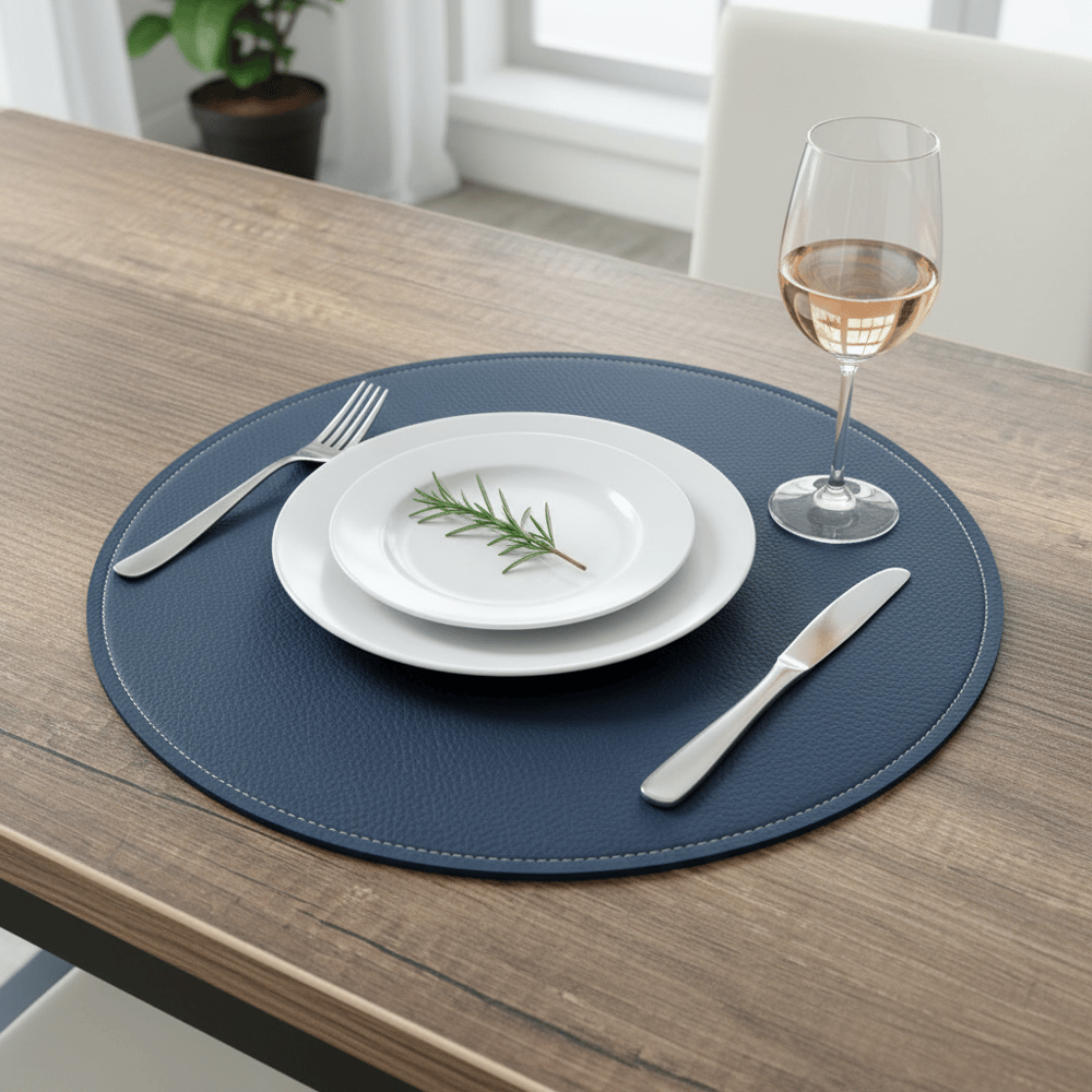 Premium Çift Yüz Kenar Dikişli Deri Amerikan Servis – Lacivert Renk 33×33 cm 