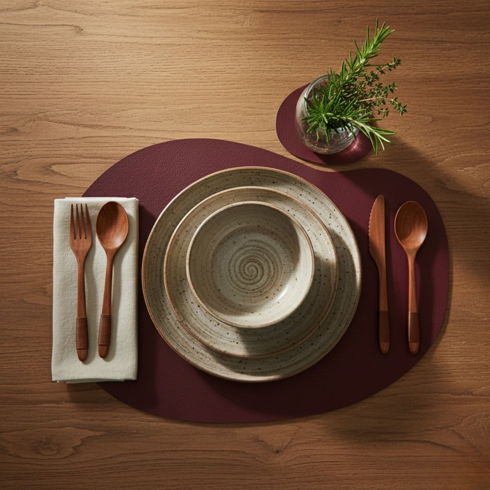 Toptan Bordo Deri Amerikan Servis 30x44 cm – Kendinden Bardak Altlıklı