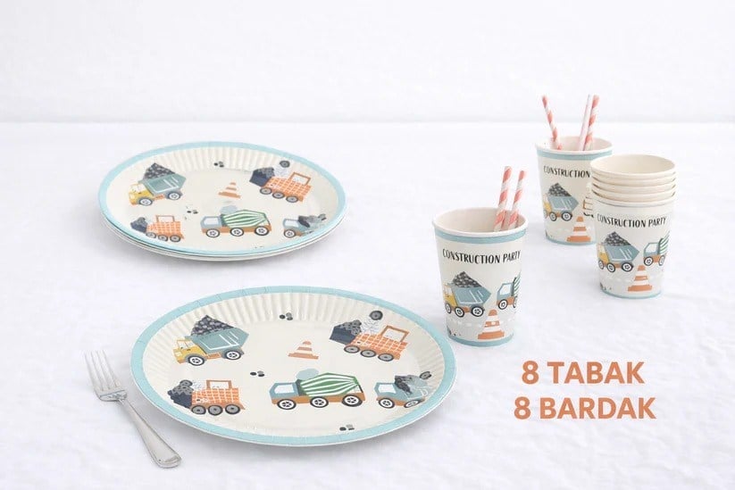 Taşıtlar Temalı Retro Tabak Bardak Set 8 er adet