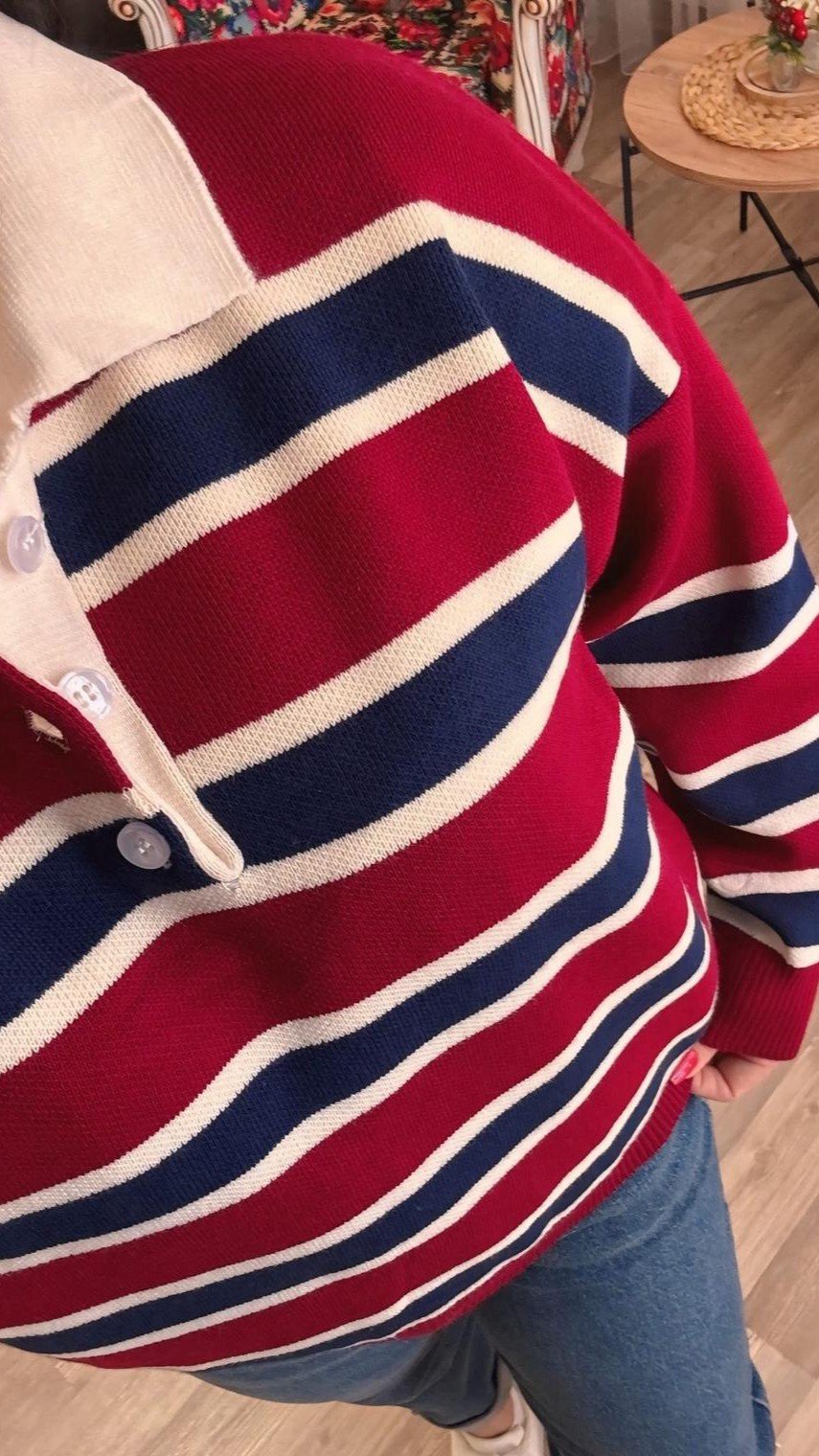 Bordo Çizgili Polo Yaka Kazak