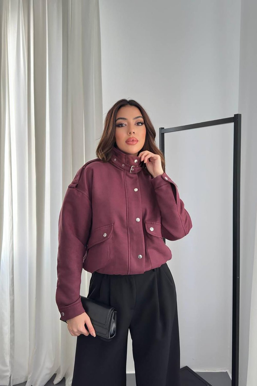 Toptan Bordo Dik Yakalı Kısa Ceket