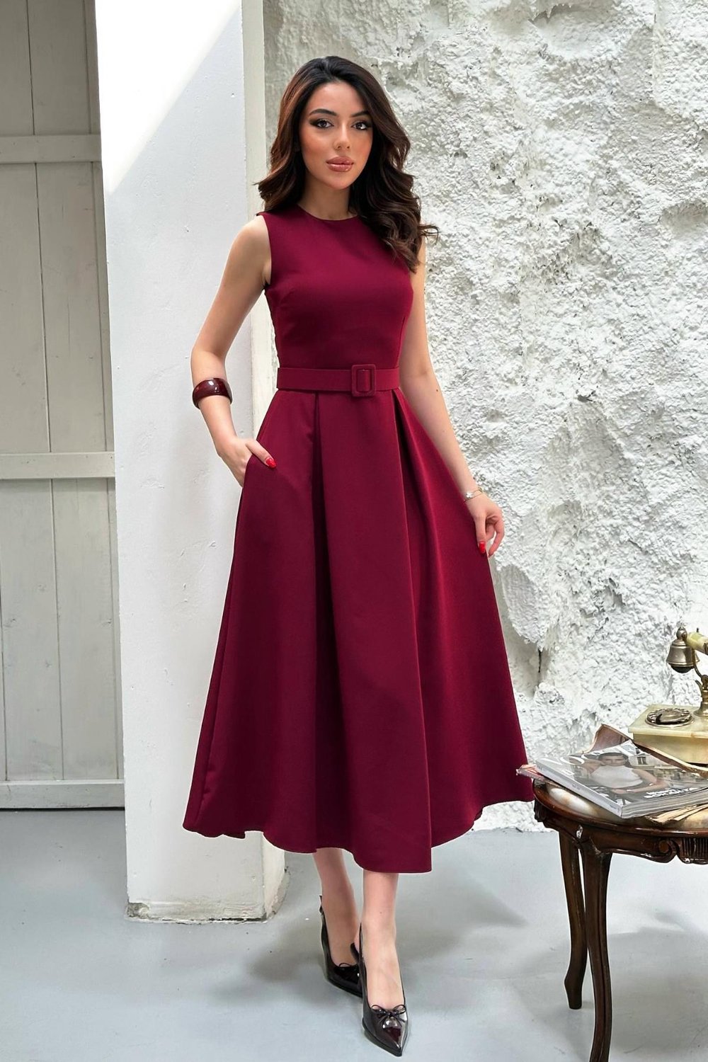 Toptan Bordo Halter Yaka Kloş Elbise