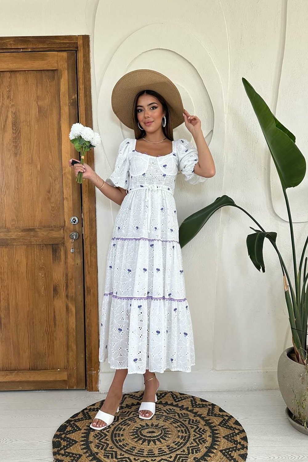 Toptan Lila Dantel Detaylı Brode Elbise