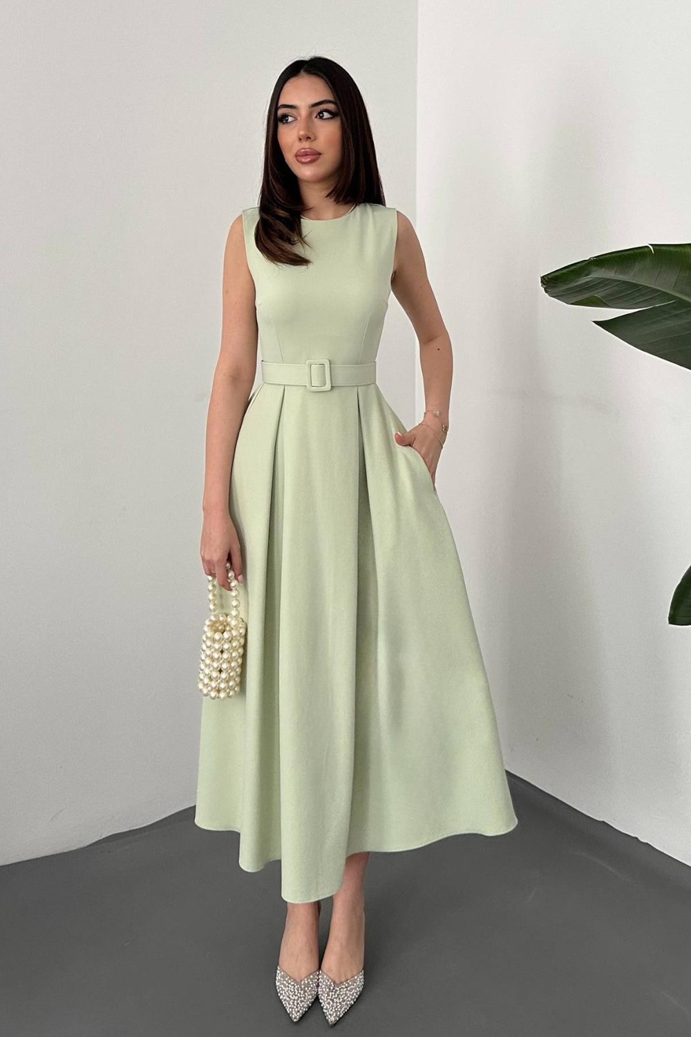 Toptan Mint Halter Yaka Kloş Elbise