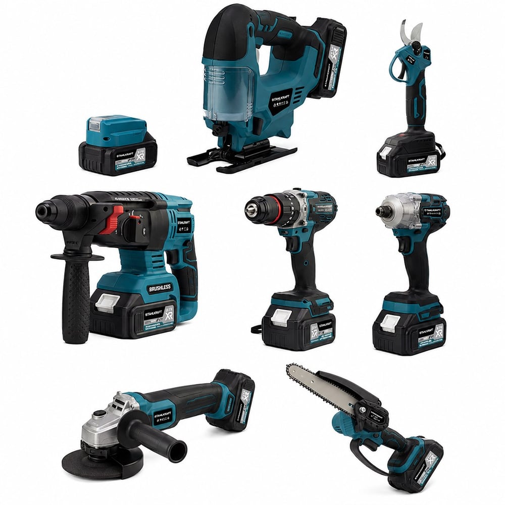 STAHLKRAFT STH 9948 8'li MAX Plus Set Somun Sıkma + Hilti + Matkap + Taşlama + Budama Testere + Makas + Dekupaj + Power bank fener