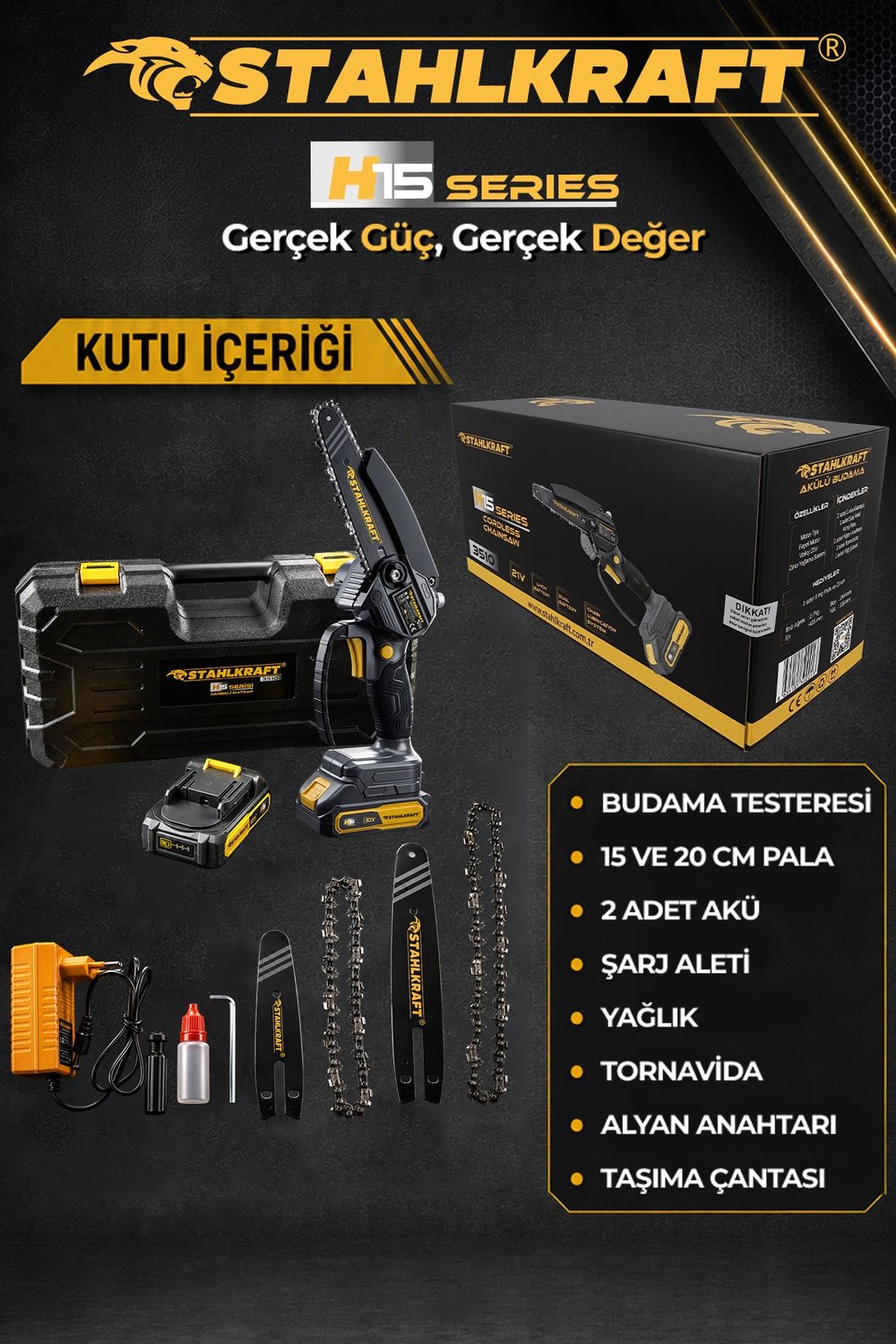 Stahlkraft H15 3510  21V Akülü Otomatik Yağlamalı Budama Testeresi 15cm Palave Zincir 20 cm Pala ve Zincir Hediye