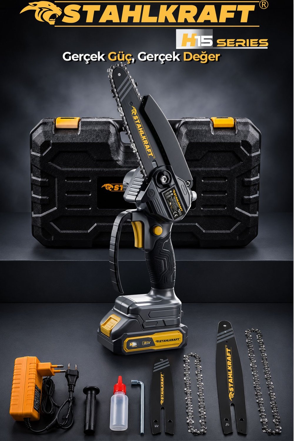 Stahlkraft H15 3510  21V Akülü Otomatik Yağlamalı Budama Testeresi 15cm Palave Zincir 20 cm Pala ve Zincir Hediye