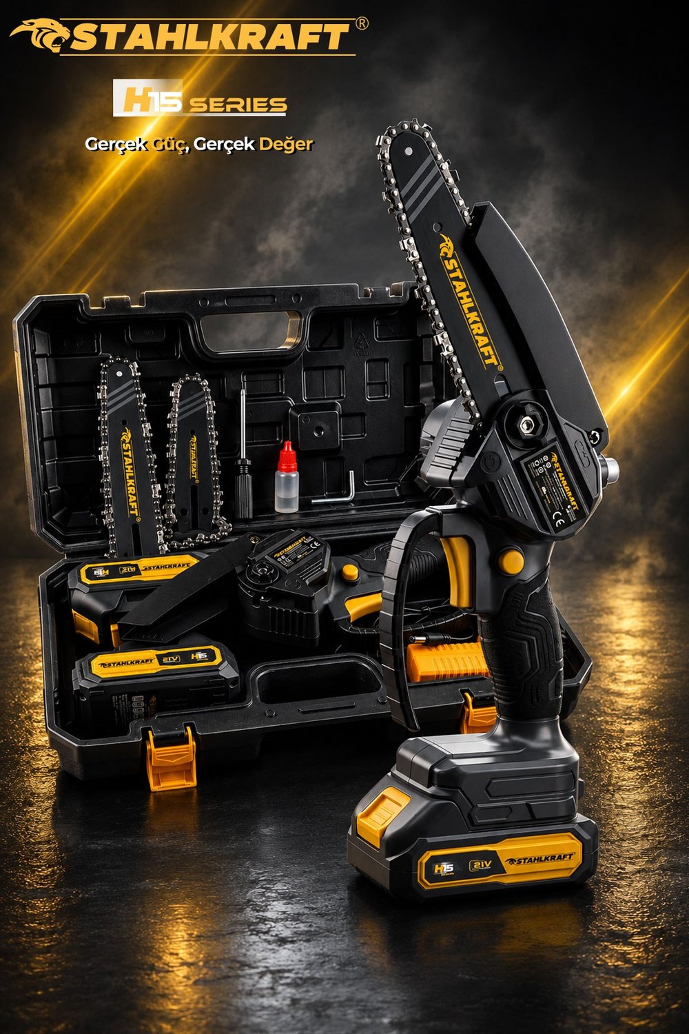 Stahlkraft H15 3510  21V Akülü Otomatik Yağlamalı Budama Testeresi 15cm Palave Zincir 20 cm Pala ve Zincir Hediye