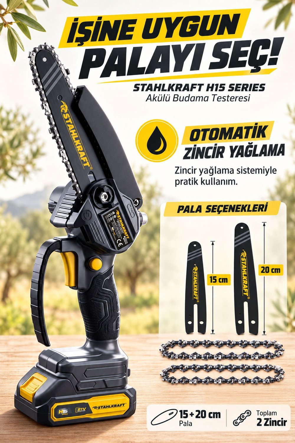 STAHLKRAFT H15 4010 + STH 1010 3lü Akülü Bahçe Seti Budama Testeresi , Budama Makası , Teleskopik Uzatma