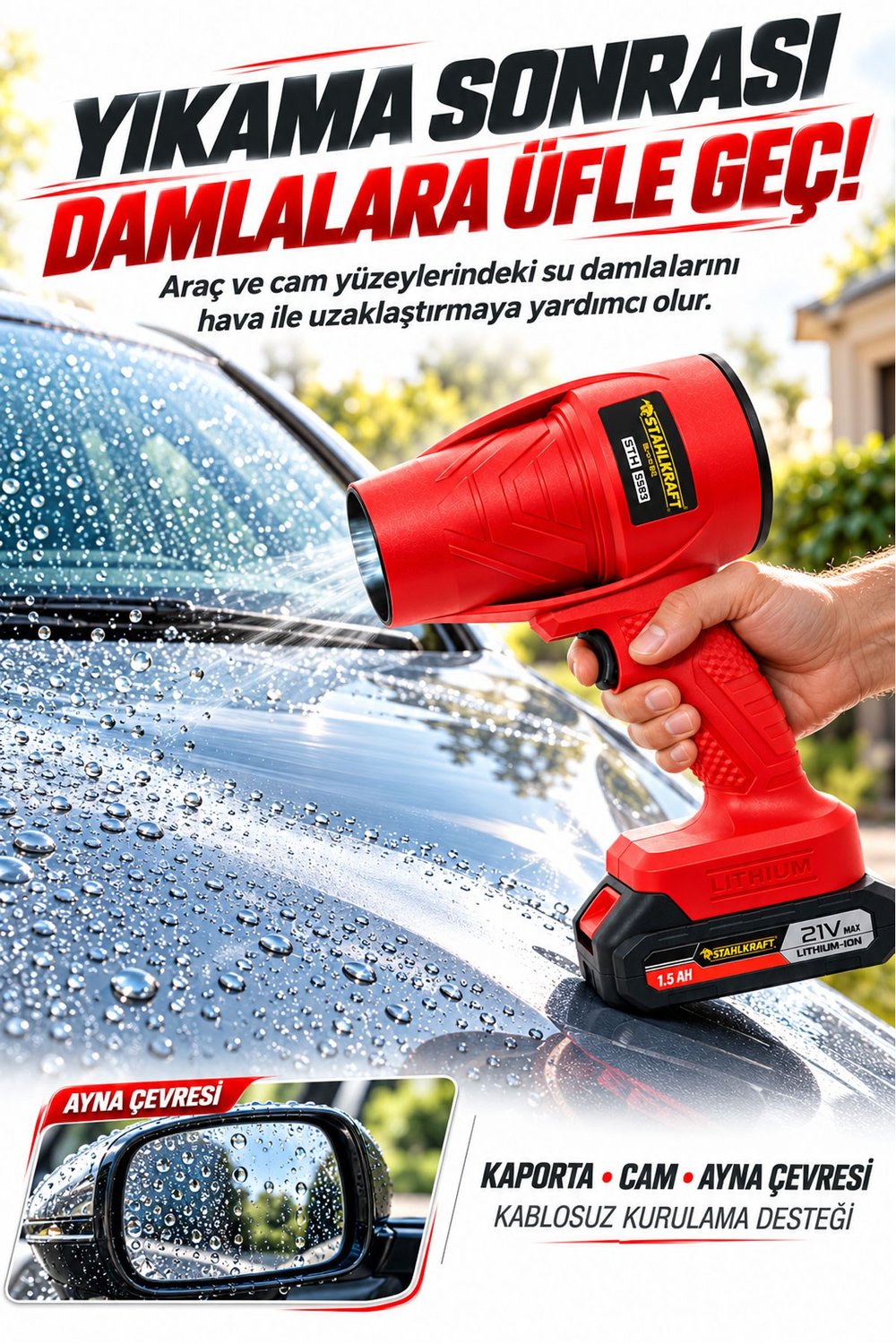 STAHLKRAFT STH 5591 High Power 21V Turbo Hava Üfleyici Fan, Yaprak Üfleme, Araba ,Cam ,Su Lekeleri Kurulama Fanı (Blower)