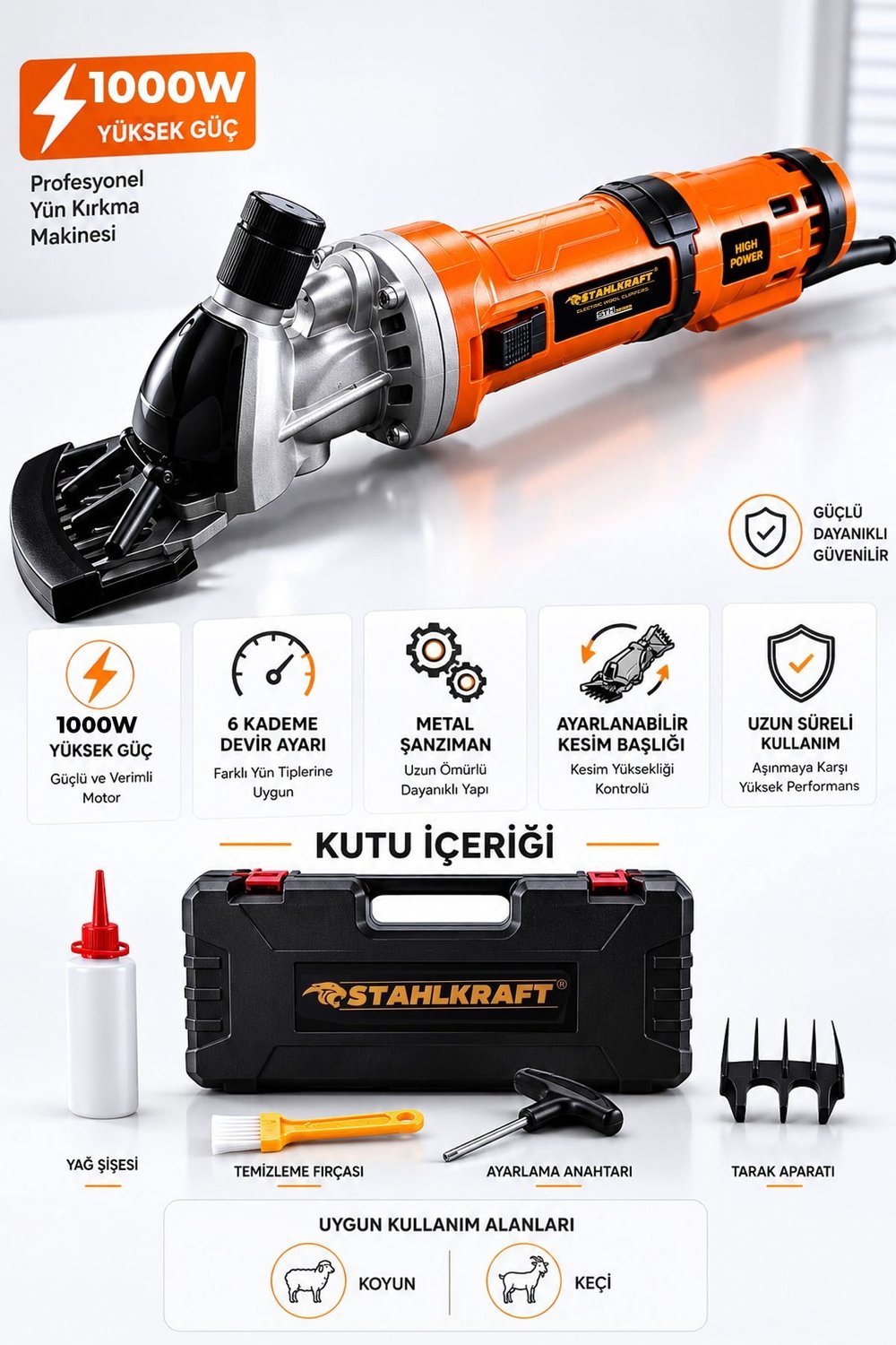 STAHLKRAFT STH 5663 T Kademe Ayarlı 1000W Metal Şanzıman Koyun Kırpma Makinası