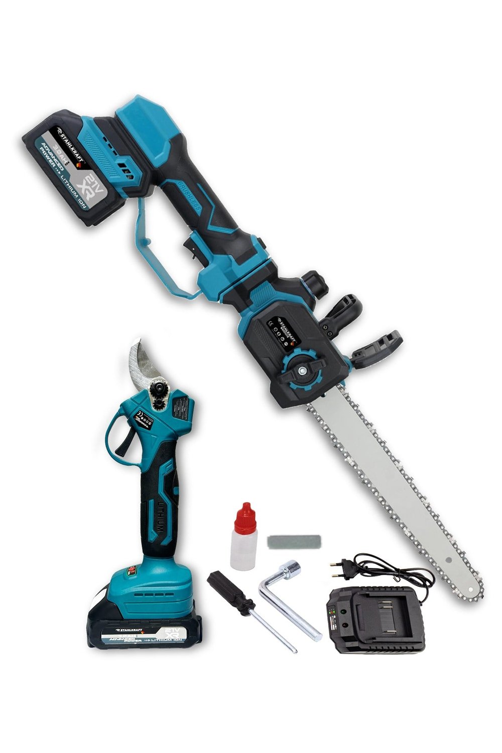 STAHLKRAFT STH 9988 21V Akülü 30 cm Pala Teleskobik Testeresi ve 40 mm Budama Makas