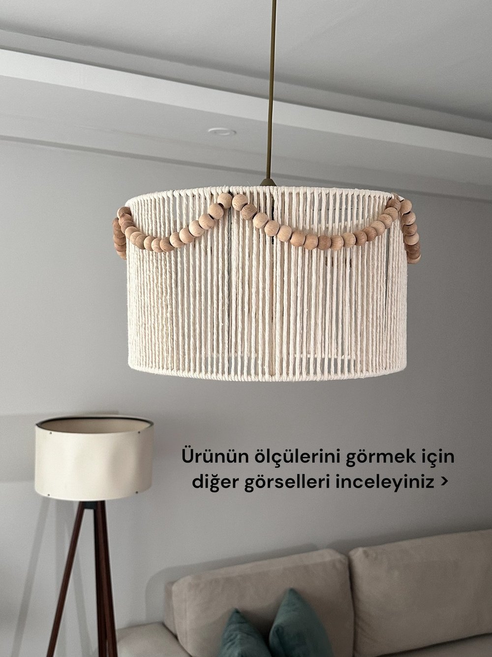 Beyaz Makrome El Yapımı Bohem Silindir Boncuklu Rustik Avize