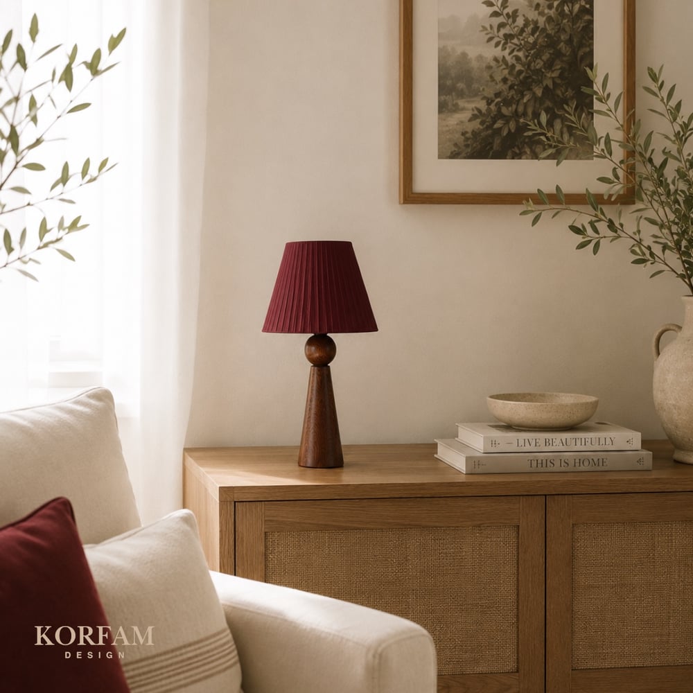 Bordo Keten Kumaş Başlıklı Ahşap Abajur