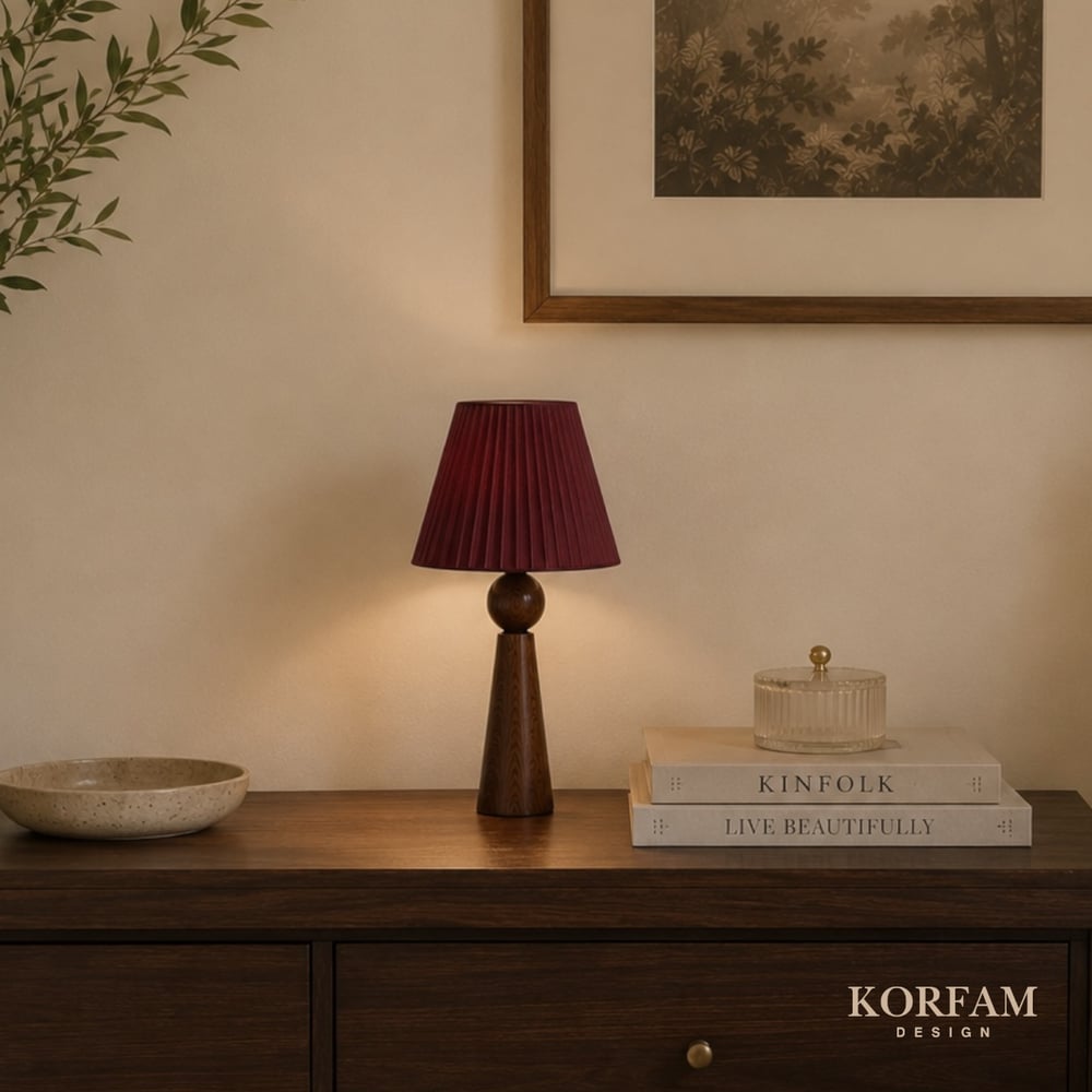 Bordo Keten Kumaş Başlıklı Ahşap Abajur