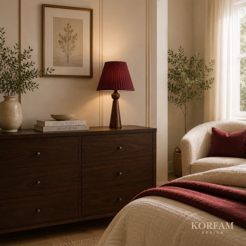 Bordo Keten Kumaş Başlıklı Ahşap Abajur