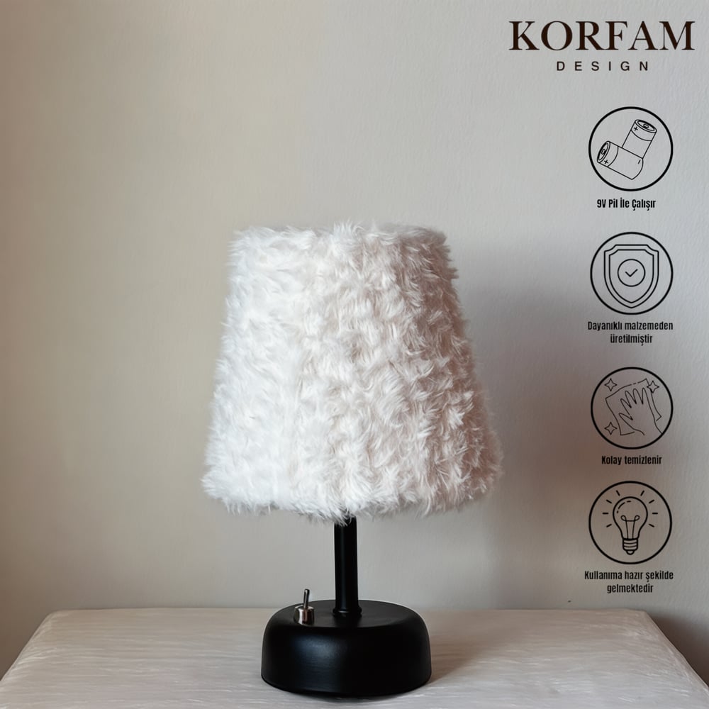 Beyaz Peluş Pilli Masa & Gece Lambası