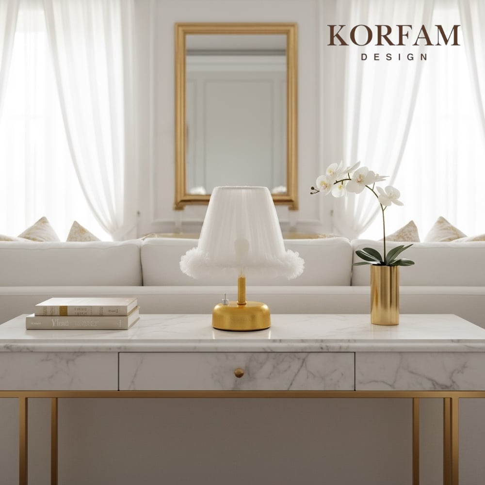 Lumi Modeli - Beyaz Tül Kumaş Fırfırlı Detaylı Pilli Masa & Gece Lambası