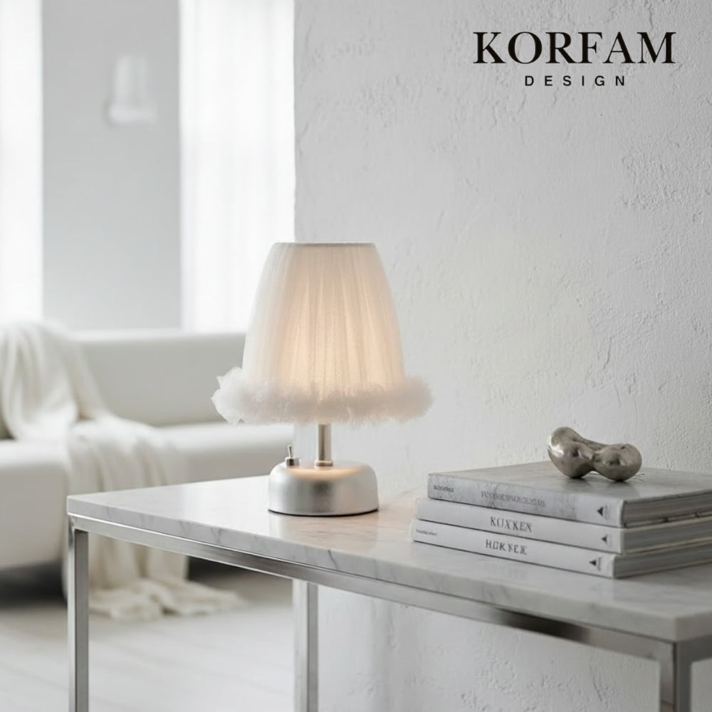 Lumi Modeli - Beyaz Tül Kumaş Fırfırlı Detaylı Pilli Masa & Gece Lambası