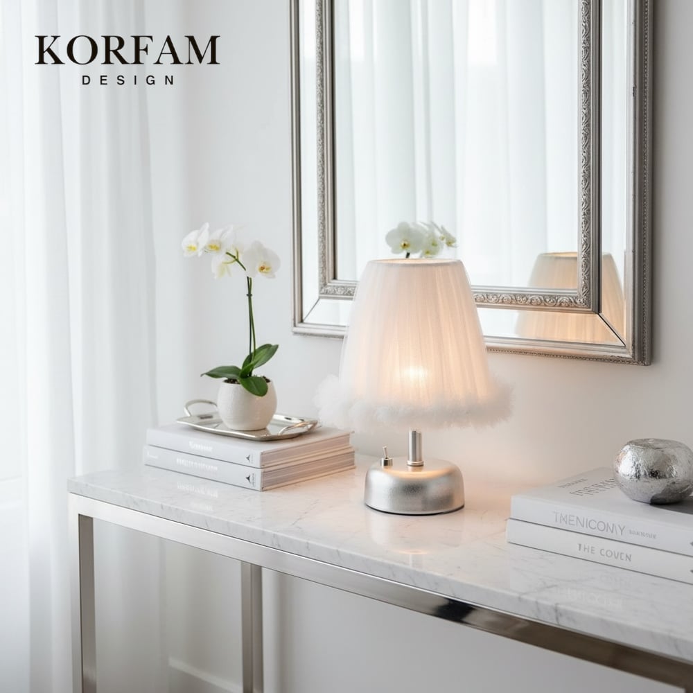Lumi Modeli - Beyaz Tül Kumaş Fırfırlı Detaylı Pilli Masa & Gece Lambası