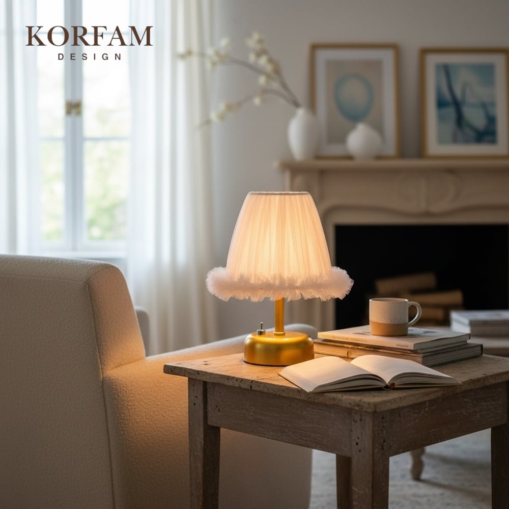 Lumi Modeli - Beyaz Tül Kumaş Fırfırlı Detaylı Pilli Masa & Gece Lambası