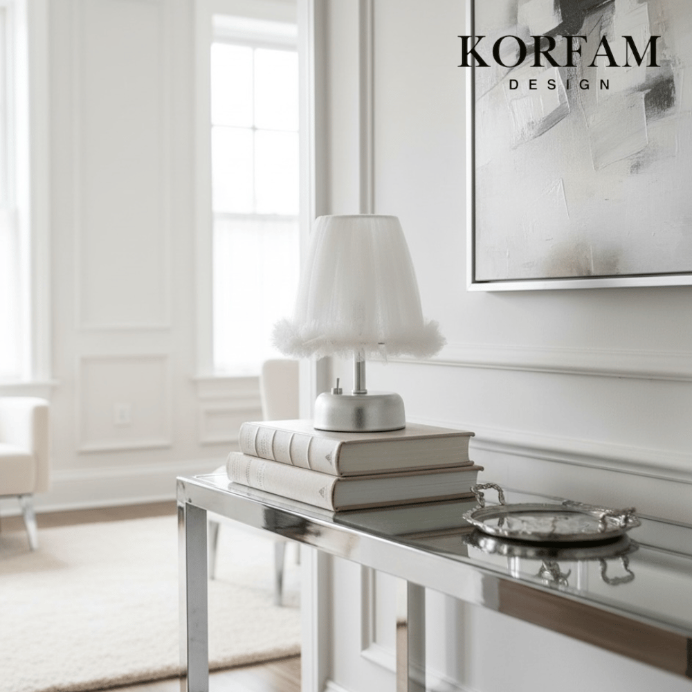 Lumi Modeli - Beyaz Tül Kumaş Fırfırlı Detaylı Pilli Masa & Gece Lambası