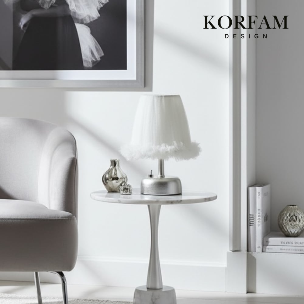 Lumi Modeli - Beyaz Tül Kumaş Fırfırlı Detaylı Pilli Masa & Gece Lambası